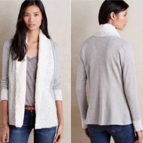 Anthropologie Ambrose Knit Jacket Gray Cream Cardigan Plush Collar Size Medium - Picture 1 of 10